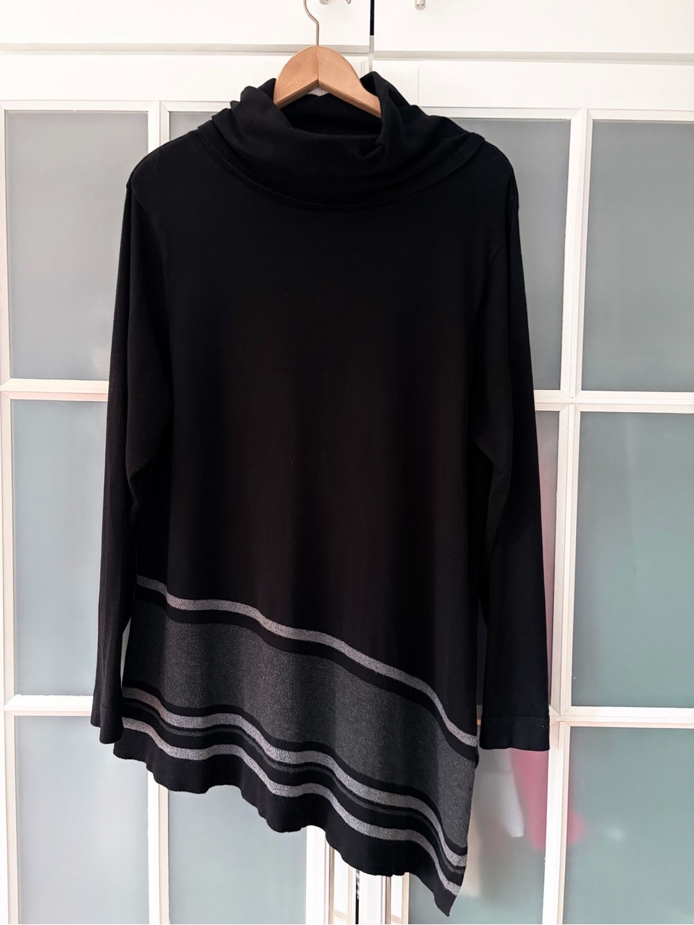 Laura Plus Asymmetrical Black Cowl Neck Sweater with Gray Wave Accent